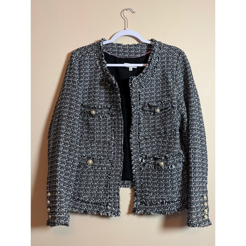 Nanette Lepore Black White Tweed Fringe Pearl Button Blazer Jacket Womens 16